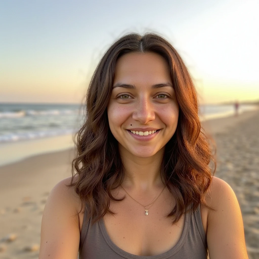 Mia on a beach at golden hour, the low sun over the ocean behind her