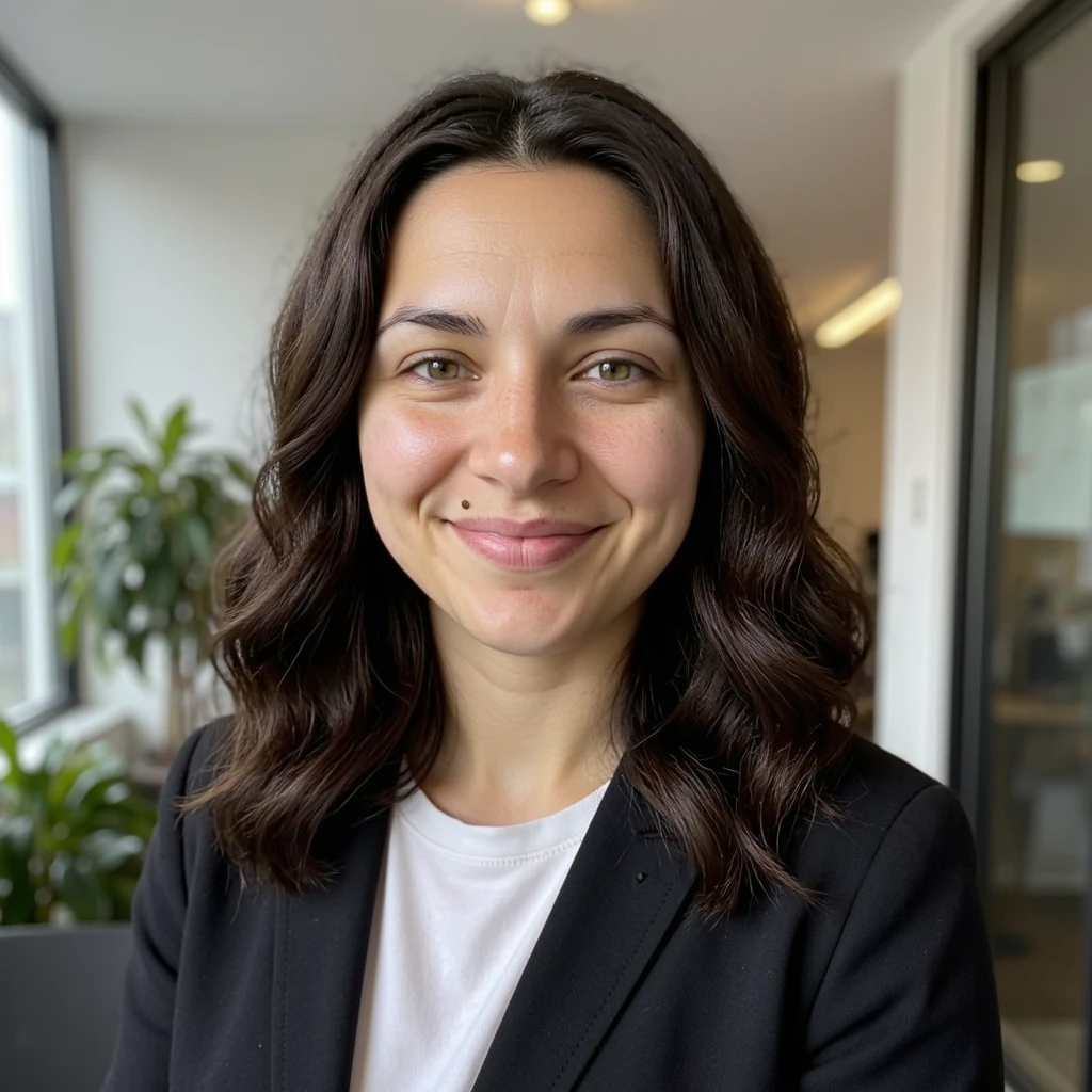 Mia in a corporate portrait, black blazer in a bright office