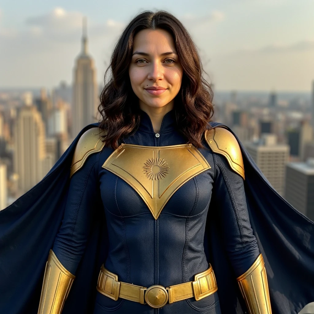 AI-generated superhero portrait above a city skyline