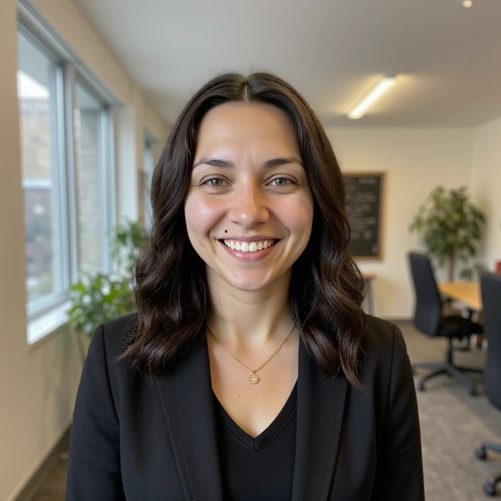 AI-generated corporate headshot: black suit, studio backdrop
